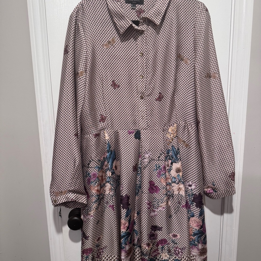 Cortefiel Floral Beige Shirt Dress with Collar Size XL.